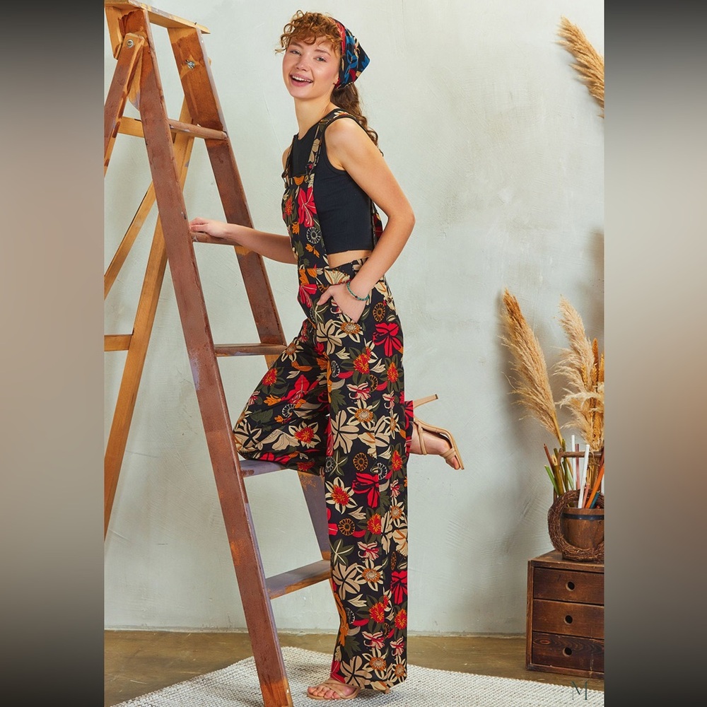 Floral Multicolor Women's Jumpsuit S NEW Jungle Print Overalls Linen Cotton Boho - Picture 7 of 13